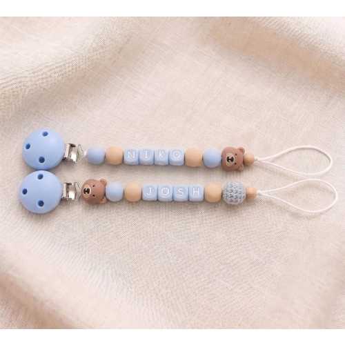 Personalized Silicone Pacifier Clip | Bear Dummy Chain with Blue Clip | BPA Free