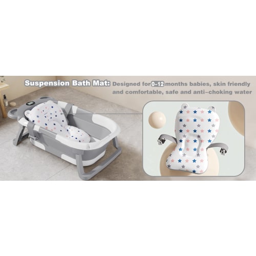 TPN Collapsible Baby Bathtub for Infants to Toddler with Real-time Temp Monitor+Floating Cushion,Foldable Baby Bath Tub Set Applicable 0-36 Month,Perfect Portable Travel Baby Tub for Newborns Boy - Bear Shape - Grey