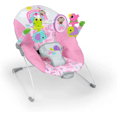 Bright Starts Pink Paradise Portable Baby Bouncer with Vibrating Infant Seat and -Toy Bar, Max Weight 20 lbs., Age 0-6 Months