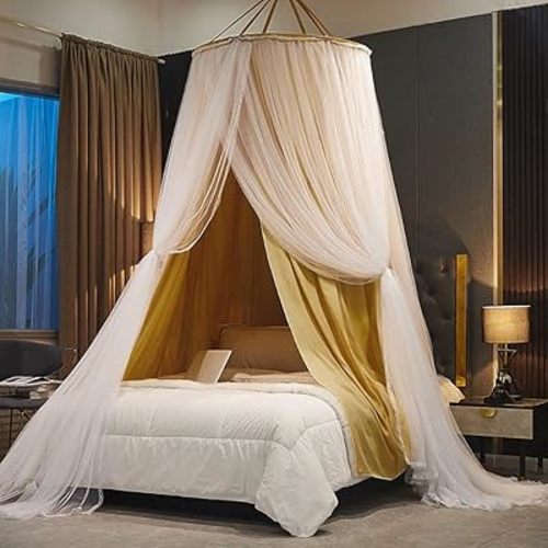 Bed Canopy for Girls & Adults, Round Dome Lace Princess Canopies Netting, Elegant Double Layer Bed Canopy Drapes for Decoration, Playing,Reading,Sleepping (Yellow)