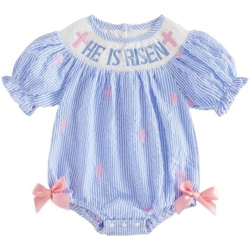Baby Girl Easter Outfit Bunny Cross Embroidery Bubble Romper Short Sleeve Easter Onesie Cute Smocked Clothes