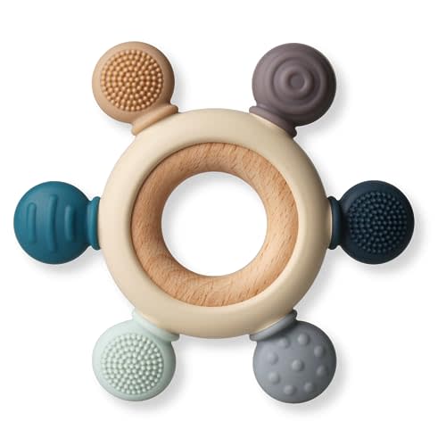 Baby Teething Toys, Silicone Chewable Toys with Organic Wooden Ring for Infants 3+ Months, Silicone Teething Toys for Soothing Sore Gums, Sucking Needs (6 Directions, Gray)