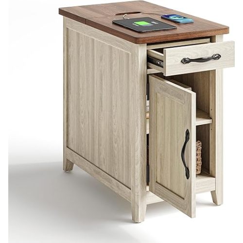 LINSY HOME Farmhouse End Table with Charging Station, Narrow Side Table for Living Room, Sofa Side Table with Drawer and Storage Cabinet, Small Nightstand for Home Office