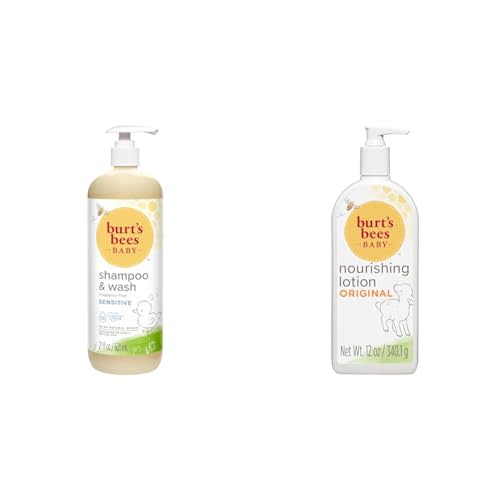 Burt's Bees Baby Shampoo and Wash Set with Nourishing Lotion, Fragrance Free 2-in-1 Formula 21 oz and Original Scent 12 oz