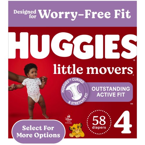 Huggies Little Movers Size 4 Baby Diapers, 58 Ct, Leak-Free, Comfortable, Fast-Absorbing