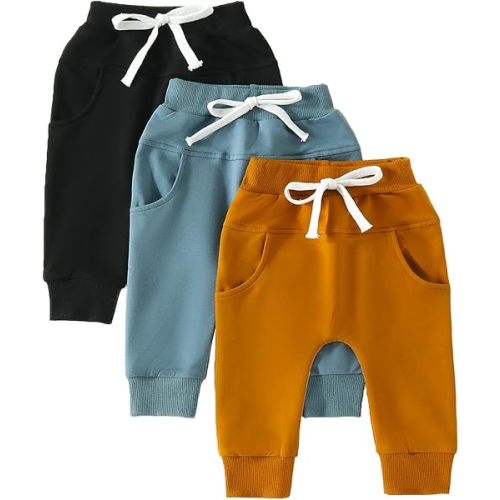Amiblvowa 3 Pack Toddler Baby Boy Girl Fall Pants Solid Color Pull On Jogger Pants Sweatpants Infant Fall Winter Clothes