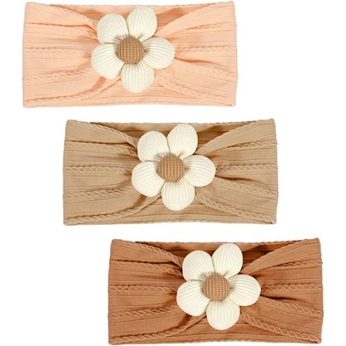 3 Pcs Baby Flower Headbands Baby Girls Nylon Headband Soft Hairbands Hair Accessories for Newborn Infant Toddler Kids (Beige Orange Brown)