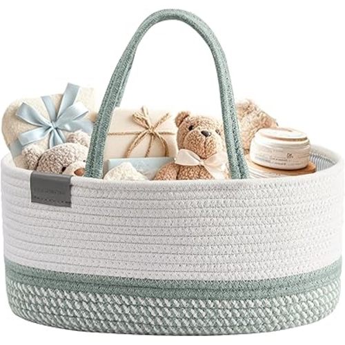 DECOMOMO Baby Caddy Organizer, Diaper Caddy Basket, Baby Baskets for Baby Shower (Sage Green & White, Large)
