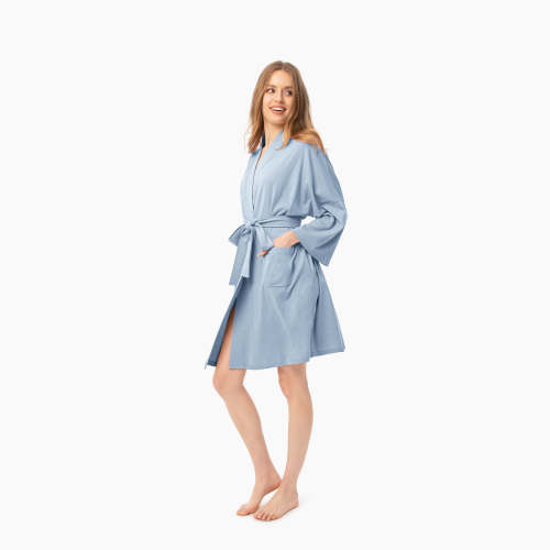 Organic Short Lounge Robe - Light Blue · Under The Canopy