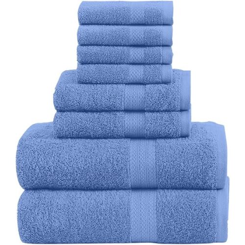 Pack of 8 Towels Set, 2 Large Bath Towels, 2 Hand Towels, 4 Wash Cloths, 100% Cotton, Lighter Weight, Quicker to Dry, Super Absorbent, Perfect for Bathroom (Blue)