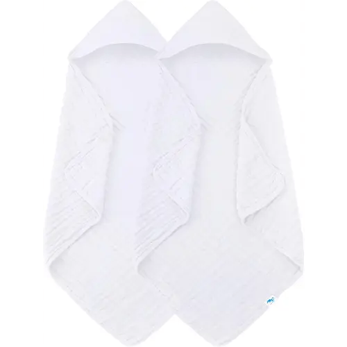 SWEET DOLPHIN Muslin Hooded Baby Bath Towels - 2 Pack 100% Cotton Towel for Babies, Infants, Toddlers - 32x32Inch - Highly Absorbent and Newborn Essential, White