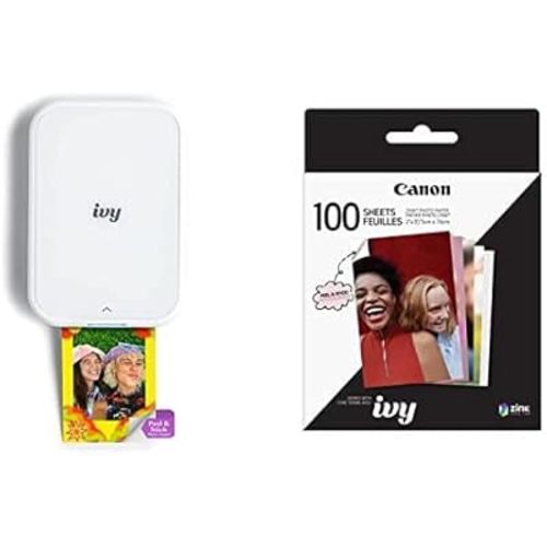Canon IVY 2 Mini Photo Printer, Print from Compatible iOS & Android Devices, Sticky-Back Prints, Pure White + ZINK Photo Paper 100 Sheets Pack