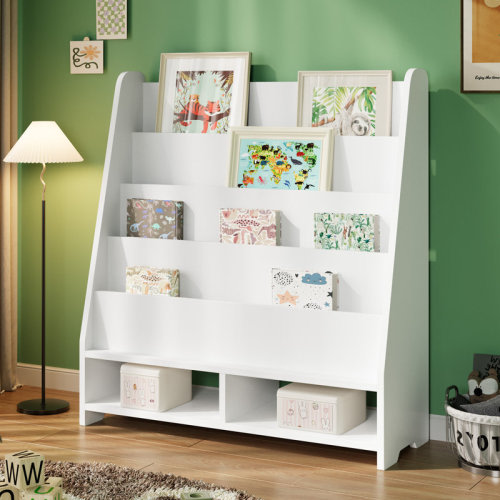 Isabelle & Max™ Kids Wooden Bookshelf With 4-Tier Display & 2 Storage Cubbies – White Front-Facing Bookcase For Nursery Or Playroom | Wayfair