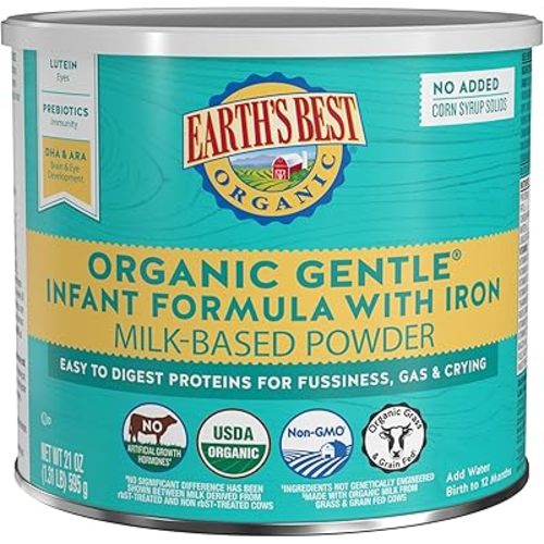 Earth's Best Organic Gentle Infant Formula for Babies 0-12 Months, Milk-Based Powder Formula with Iron, Omega-3 DHA, and Omega-6 ARA, 21 Ounce Container