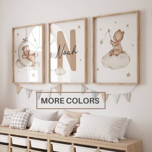 Teddy Bear Nursery Wall Art Prints Set of 3: Nursery name sign (Digital Download)
