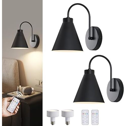 Vintage Cordless Gooseneck Battery Operated Wall Sconces Set of 2, Black Bedside Battery Powered Wall Decor Lamps with Remote Control, Wireless Indoor LED Lights Fixture for Hallway Bedroom