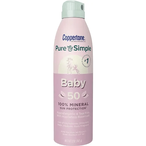 Coppertone Pure and Simple Baby Sunscreen Spray SPF 50, Zinc Oxide Mineral Sunscreen for Babies, Toddler Sunscreen, Water Resistant, Broad Spectrum SPF 50 Sunscreen, 5 Oz