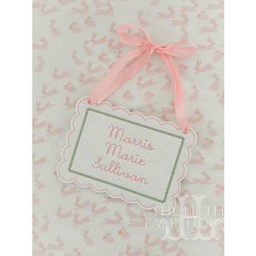 Personalized Baby Name Sign – 5x7 Embroidered Appliqué Wall Hanging with Ribbon – Pink Dot Fabric, Grandmillennial Nursery Announcemen Decor