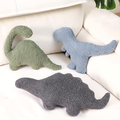 Shellwei 3 Pcs Dinosaur Decorative Pillow for Kids Sherpa Cute Nursery Playroom Pastel Dinosaur Pillow Kawaii Decorative Gift Toy for Boy Girl Kids Nursery Home Decor(Cute Color)