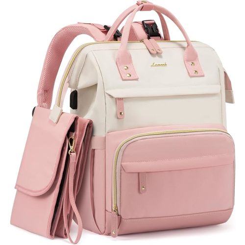 LOVEVOOK Diaper Bag Backpack, Baby Bag with Changing Station, Large Diaper Backpack for Moms Dads, Waterproof Leather Accents Baby Boy and Girl Bag for Travel Baby Essentials, Pink-Beige
