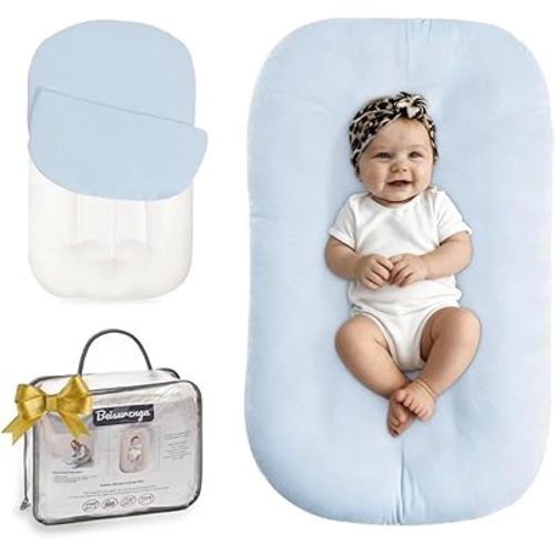 Baby Lounger for Newborn - Snuggle Cozy Me Lounger | Breathable Soft Cotton, 0-24 Months Portable Playtime Baby Nest, Newborn Baby Essentials Gifts- Blue (1 Lounger + 1 Cover)