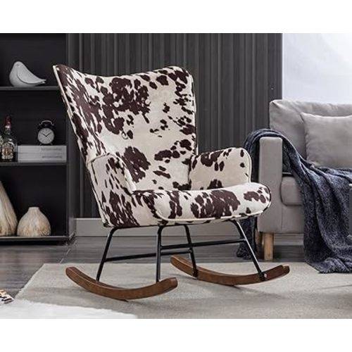EALSON Nursery Rocking Chair Fabric Upholstered Rocker Chair Tufted Wingback Accent Chair with Wooden Base Modern Comfy Lounge Armchair for Bedroom Living Room, Cow