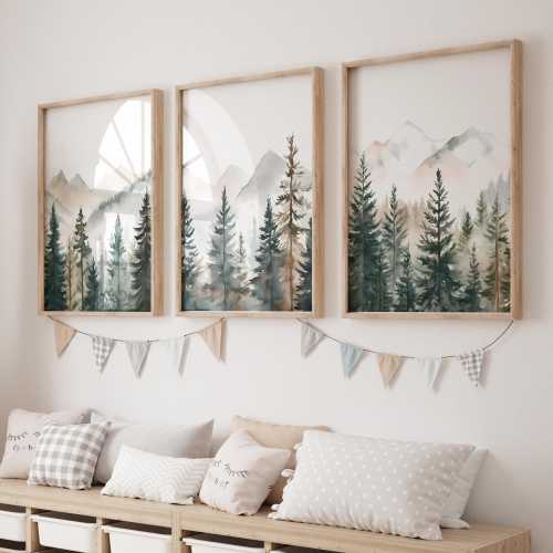 Forest Mountain Nursery Set of 3, Forest Wall Décor, Baby Boy Nursery Art, Adventure Nursery PRINTABLE, Boy Baby Room Digital Download Print