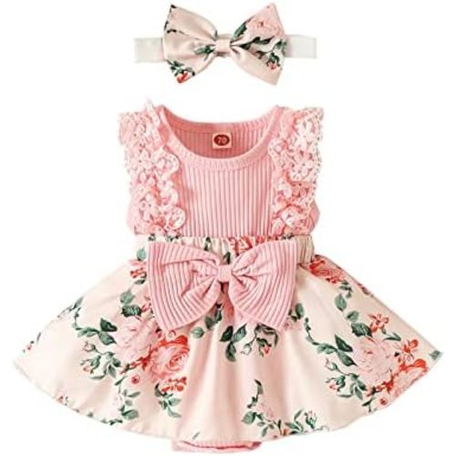 Baby Clothes Boy Infant Girls Sleeveless Floral Prints Ribbed Romper Newborn Bodysuits Dress Headbands Set