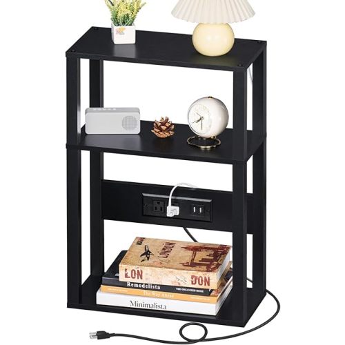 3-Tier Small Narrow Wood Side Table with Charging Station, Skinny Nightstand for Small Space, Slim Bedside Table with Storage for Couch, Thin End Table with USB Ports and Outlets, Black
