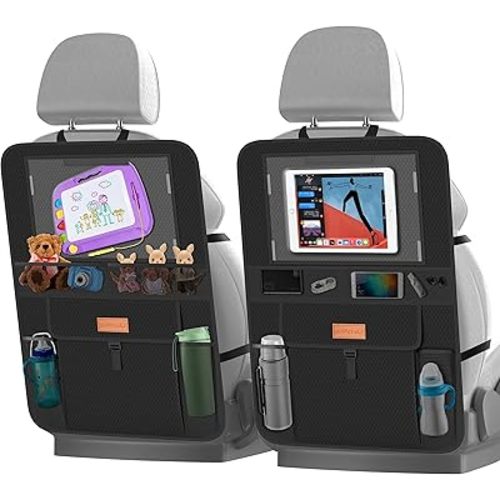 Backseat Car Organizer with iPad Holder + 6 Storage Pockets, Back Seat Protectors Kick Mats for Child Baby Kids, Premium Fabric with Sag Proof, Waterproof
