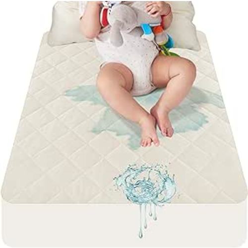 Lofe Organic Cotton Crib Mattress Protector - Top&Side Waterproof, 100% Waterproof Crib Mattress Protector, Breathable Baby Crib Mattress Cover, Infant Toddler Crib Mattress Fitted 52x28x9 in