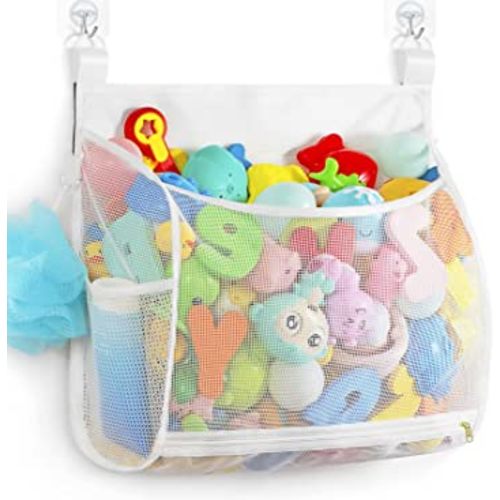 Baby Mesh Bath Toy Organizer, Multiple Ways to Hang, Ultra Large Capacity & Large Opening, Bathroom Toy Holder, Bath Toy Storage Bag With 2 Side Pockets (Large White)