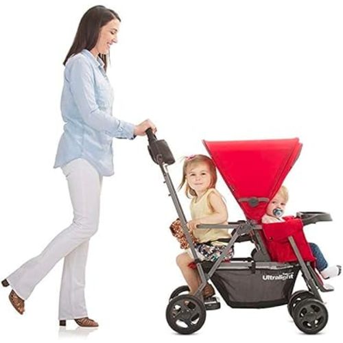 Joovy Caboose Ultralight Sit and Stand Double Stroller with Rear Bench and Standing Platform, 3-Way Reclining Seats, Optional Rear Seat, and Universal Car Seat Adapter (Red)
