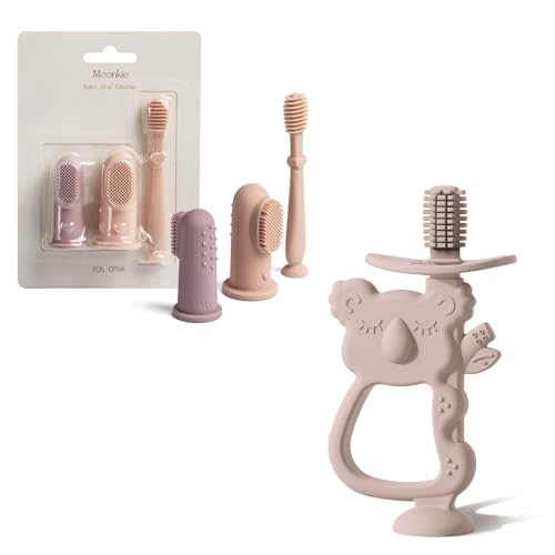 Moonkie Baby Oral Care & Teething Kit | 3-Piece Finger Toothbrush, Tongue Cleaner & 360° Teething Toy | BPA-Free Silicone for Babies 3-12 Months | Suction Base, Safe, Easy to Hold, Ideal for Teething