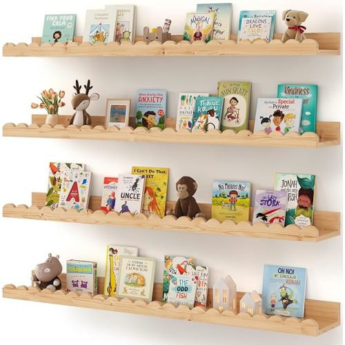 Shario Nursery Book Shelves, 4-Pack Wood Floating Shelves for Wall Kids, Scalloped Shelves, Wall Book Shelves for Bedroom Kids, Toddler Room, Baby Room, Nursery Decor(Wood, 16.5 Inches)