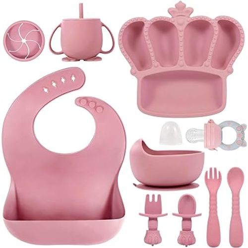 Silicone Baby Feeding Set, 10 Pcs Baby Led Weaning Supplies Suction Bowl Divided Plate Baby Bibs Fruit feeder Pacifier Baby Spoons Forks Sippy Cup Utensil Sets Baby Essentials for Newborn (Deep Pink)