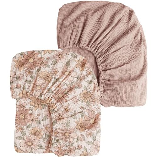 Muslin Crib Sheets for Girl Boy, 2 PCS Soft and Breathable Cotton Baby Sheets for Standard Crib Mattress, 52"x 28" (Vintage Petals,Taupe)