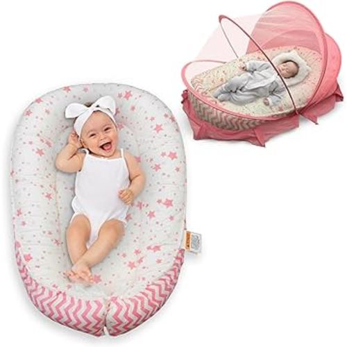 Baby Lounger for Newborn 0-24 Months, with Mosquito Net, Breathable & Soft Baby Nest, Portable & Lightweight (Pink)