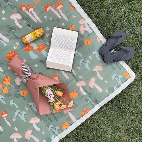 Little Unicorn Outdoor Family Picnic & Beach Blanket, Water-Resistant, Compact Fold, 5 x 5 feet, (Woodland Mushroom)