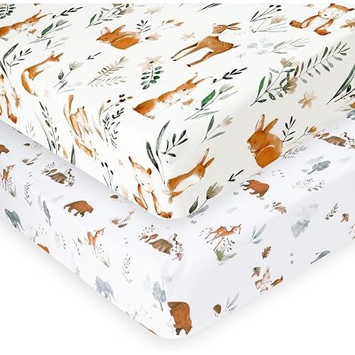 PHF Soft Crib Sheet Fitted, 2 Pack Baby Sheets for Boys Girls, 28x52x9in Fits Standard Crib and Toddler Mattresses, Silky Comfy Breathable Polyester Baby Mattress Sheets, Woodland