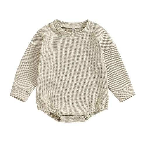 Baby Boy Girl Crewneck Sweatshirt Romper Waffle Knit Long Sleeve Bubble Romper Oversized Sweater Bodysuit Tops