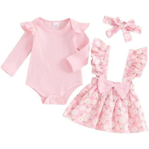 Thorn Tree Newborn Baby Girls Clothes Set Long Sleeve Ruffle Shoulder Ribbed Romper Suspender Floral Skirts