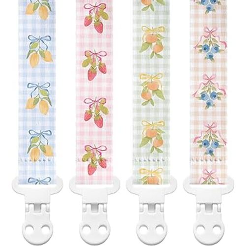 Stadela Baby Fabric Pacifier Clip Holder, Plastic Clip, 4‑Pack, Fruits Pattern, Clementine Set