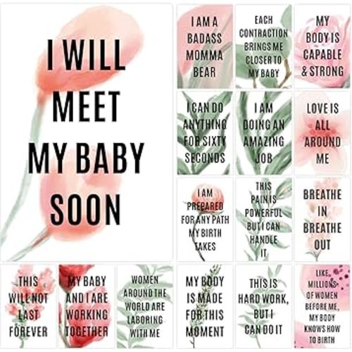 16 Birth Affirmation Cards - 4 x 6-inch Greenery Affirmation Cards for Women - Premium Positive Hypnobirthing Mantra Cards for Laboring Mother Deck for Pregnant Moms, Baby Shower Gifts and Labor
