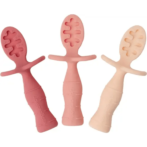 Upward Baby Spoons Self Feeding 6+ Months - 3 Pack, Chewable Toddler Utensils with Anti Choke Barrier, Baby Feeding Essentials, Baby Spoons 4 months, Silicone Baby Spoons, Pink
