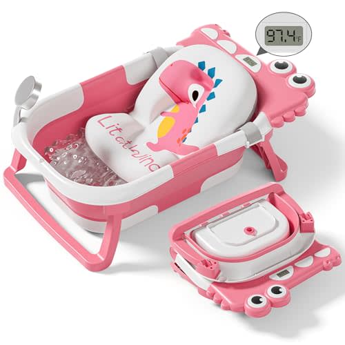 Collapsible Baby Bathtub for Newborn, Foldable Baby Bath Tub with Thermometer & Soft Floating Cushion & Drain Hole, Portable Travel Infant Bath Tubs for Newborns to Toddler 0-36 Months Girl, Pink