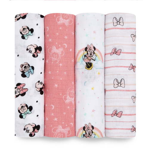 Aden + Anais Essentials Disney Baby 100% Muslin Cotton Swaddle Blanket, Female, 4 Pack, Minnie Rainbows