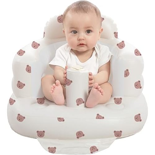 Inflatable Baby Seat for Babies 3-36 Months, Built in Air Pump Baby Chair Sit Me up Floor Seat for Baby, Bumbo Seat for Learning to Sit, Feeding, Camping (Bear)