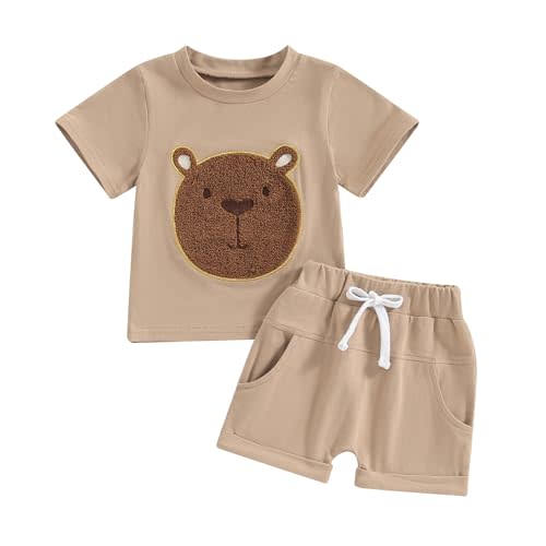 Baby Bear Outfit Toddler Boys Girls Embroidered Fuzzy Bear Shirt Tops Elastic Waist Jogger Short 2Pcs Summer Clothes