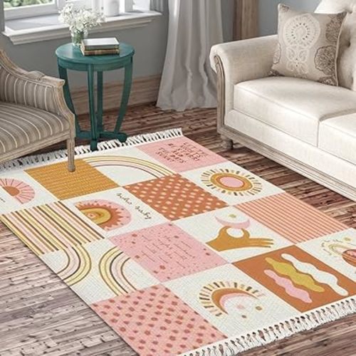 Boho Rug Baby Celestial quilt patchwork Sun Moon Rainbow Space Scandinavian Chic Area Rug Hallway Runner Rug Meditation Mat Minimalist Home Decor for Living Room Bedroom Nursery Playroom Classroom
